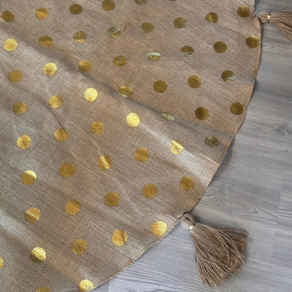 Burlap Tree Skirt with Gold Polka Dots and Large Tassels